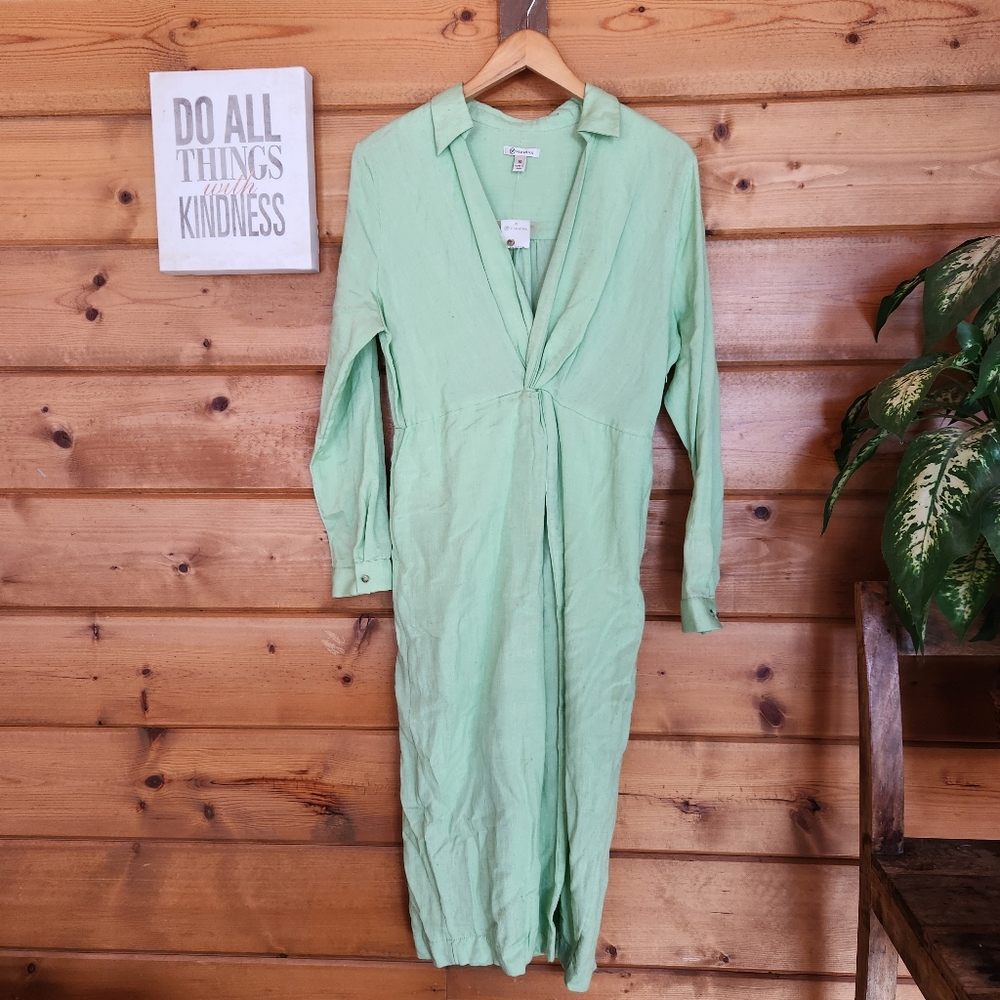 Versona NWT Midi Dress Nile Green Faux Wrap Slub Knit Flax Blend Office Size 10